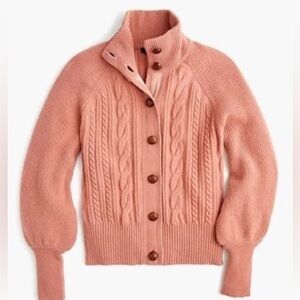 NWT J Crew Wool blend Balloon Sleeve Cableknit Cardigan w/ Leather buttons Large
